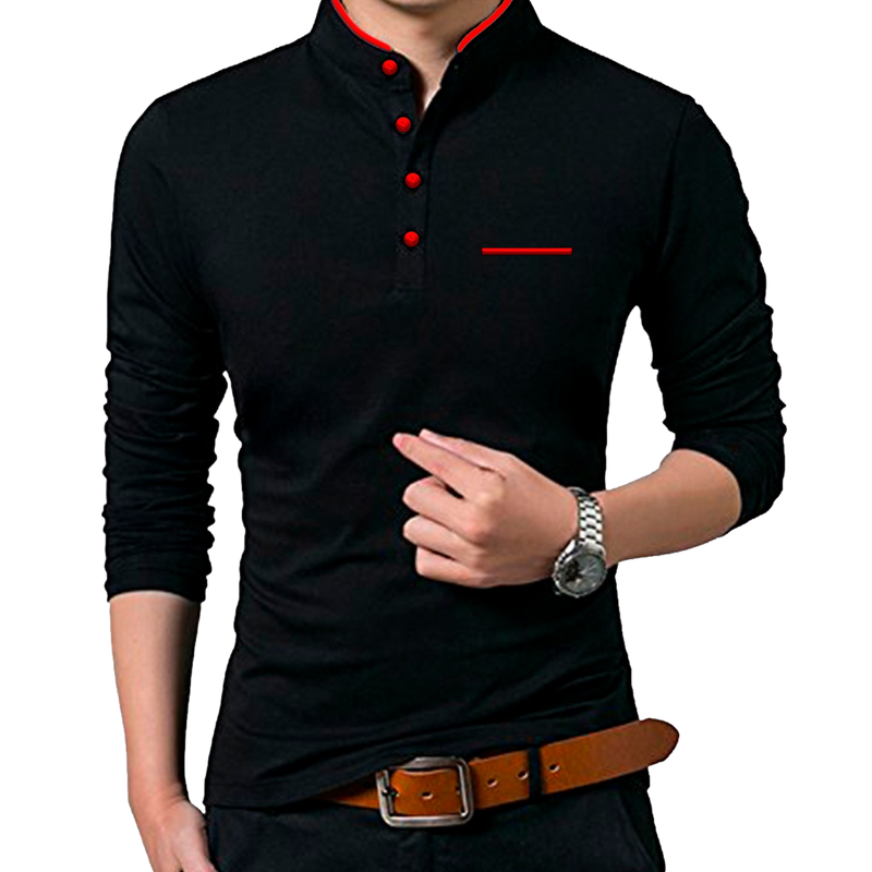 Camisa Buzo Polo Manga Larga Negro Rojo Cuello Neru Coreano Ribete Hombre Tela 100% Algodón Peruano de Calidad